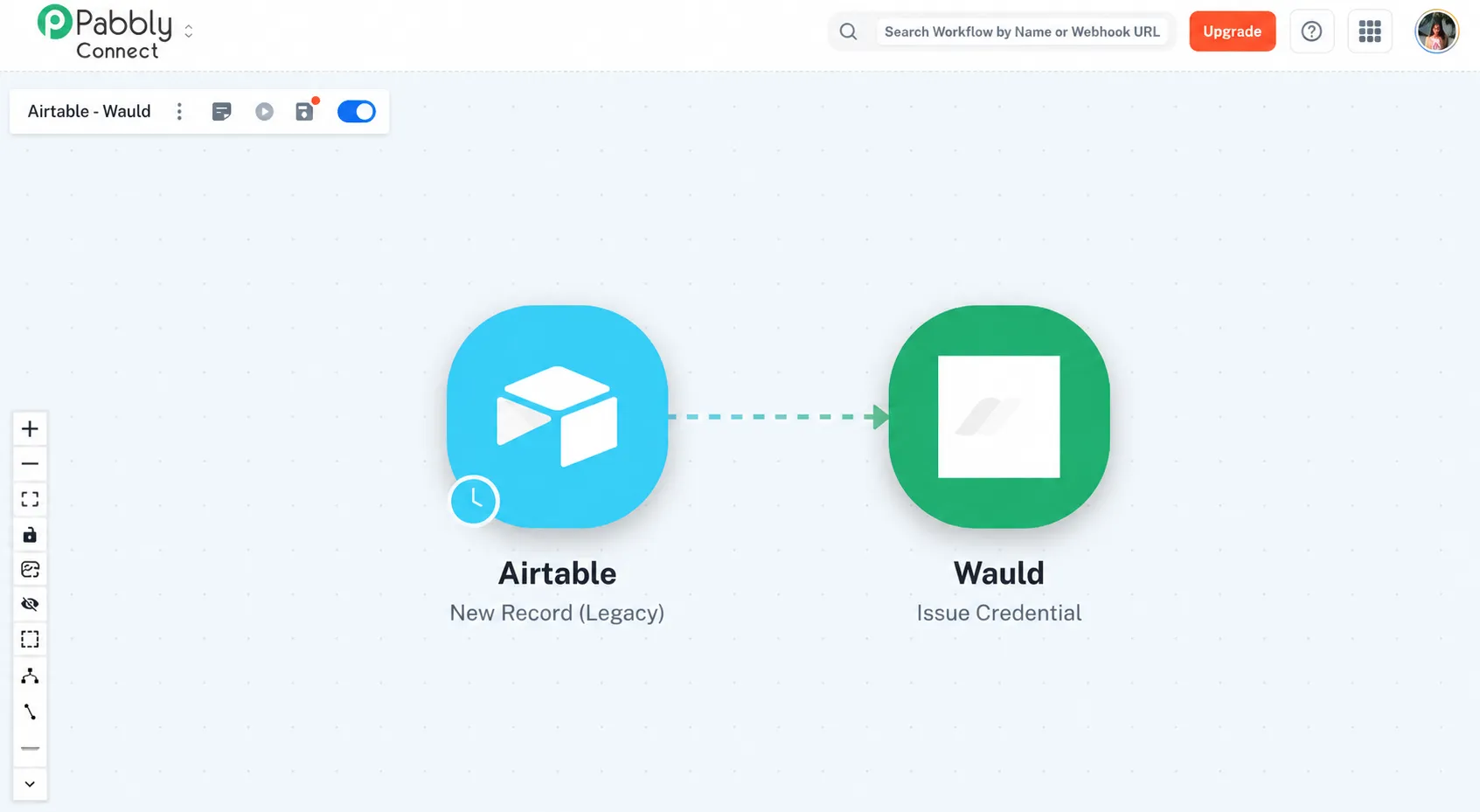 Pabbly Connect workflow named Airtable - Wauld, showing an Airtable New Record trigger connected to a Wauld Issue Credential action