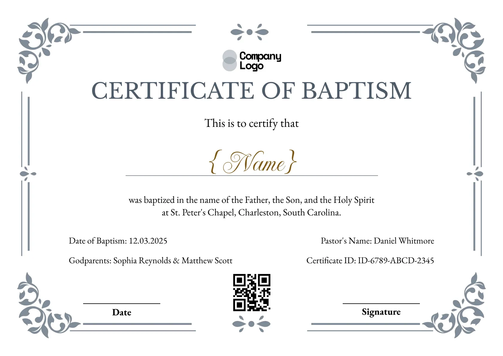 Slate-grey certificate of baptism with a classic double border, leafy corners, and a gold script name.