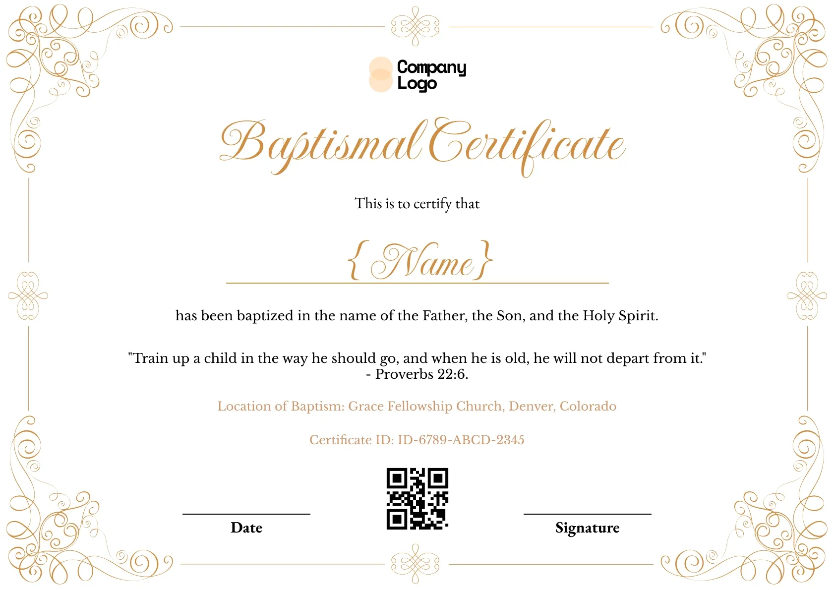 Gold baptismal certificate with calligraphy title, scrollwork flourishes, and a Proverbs 22:6 verse.