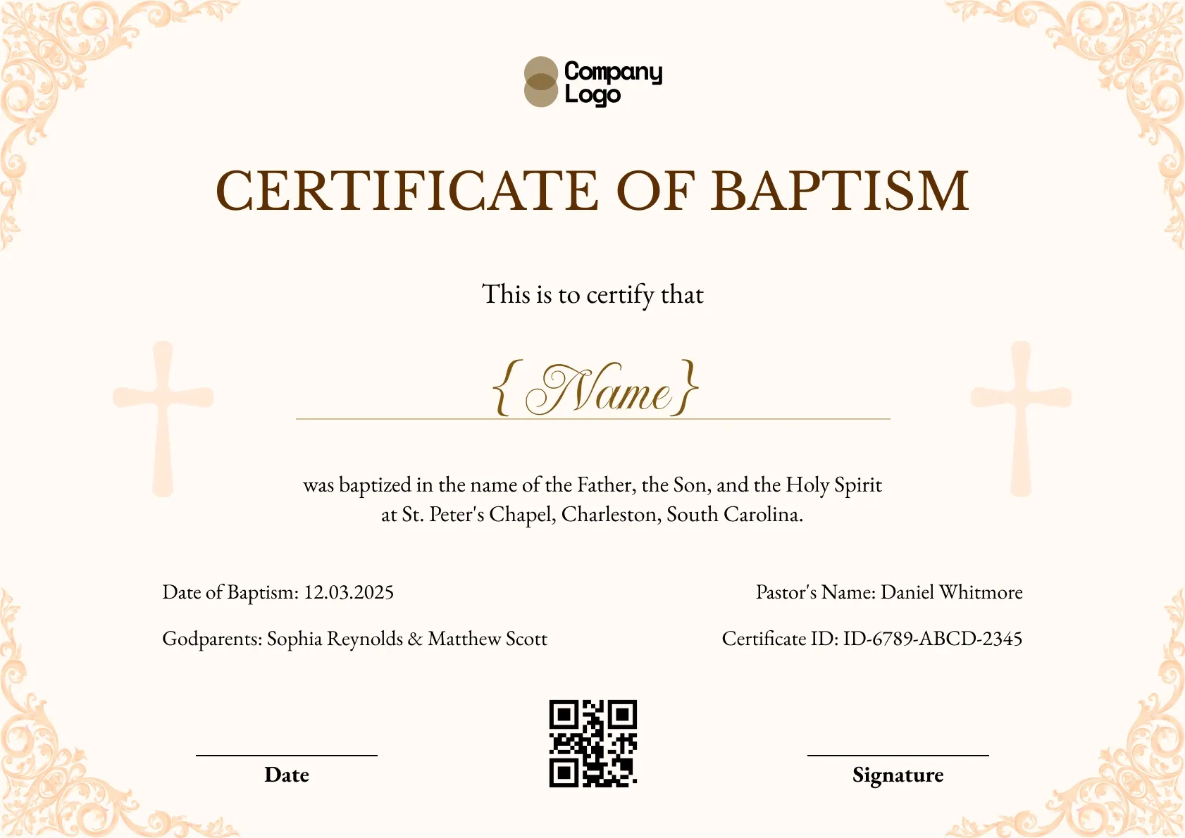 Cream baptism certificate with gold filigree corners, two faint crosses, and a brown serif 'Certificate of Baptism' title.