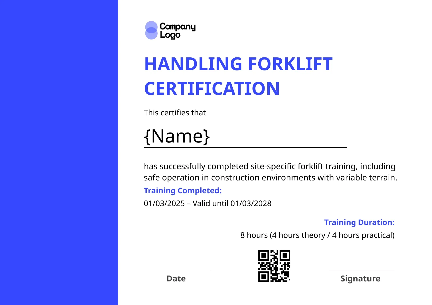 Bright forklift certificate template