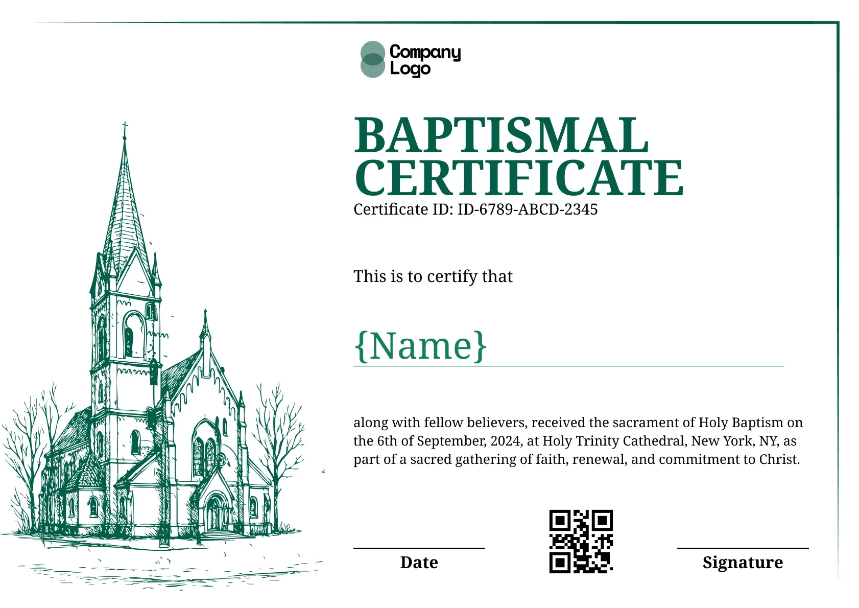 Green baptismal certificate with a detailed hand-drawn church illustration down the left side.