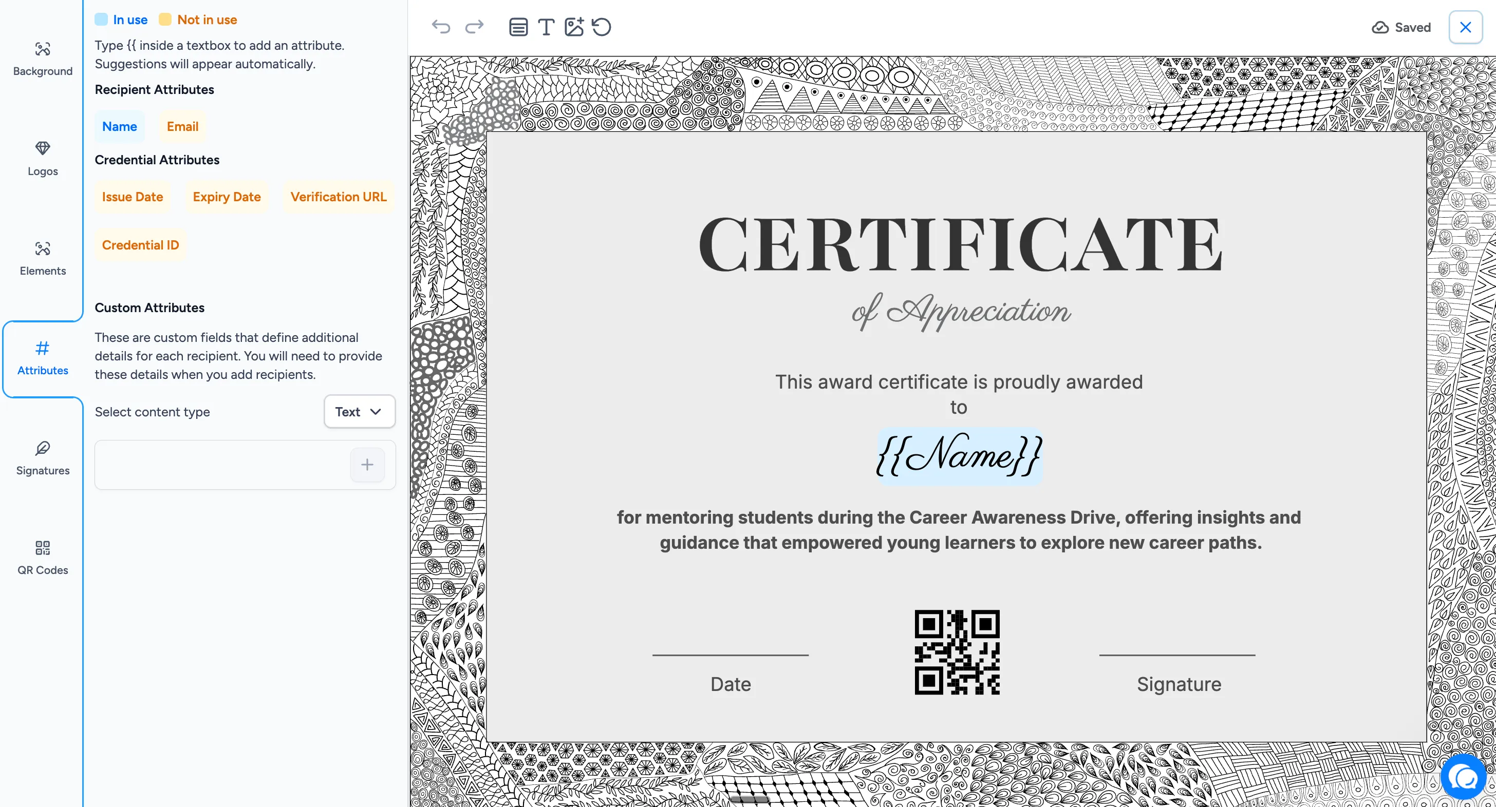Wauld's certificate designer showing the attributes panel with recipient name, issue date, and verification URL fields alongside a live certificate preview