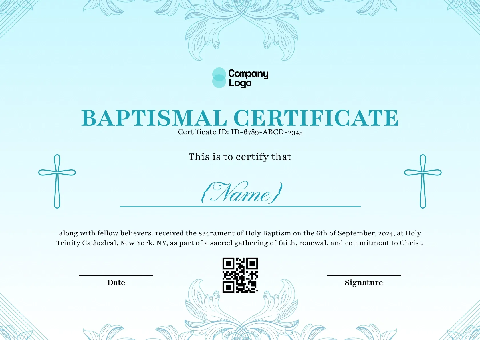 Light-blue baptismal certificate with engraved flourishes and two outlined crosses flanking the name.