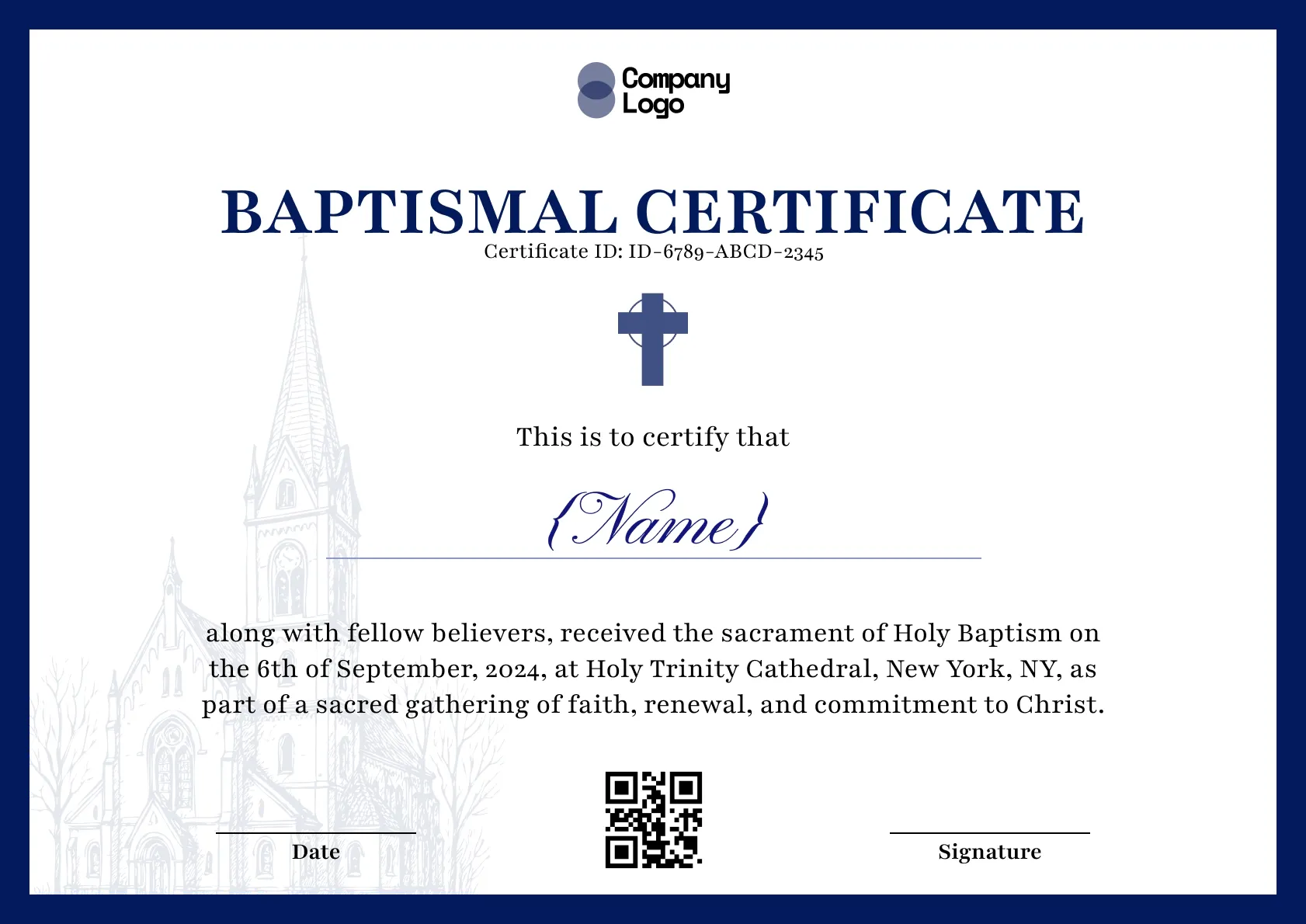 Navy-bordered baptismal certificate with a faint cathedral sketch on the left and a small blue cross.