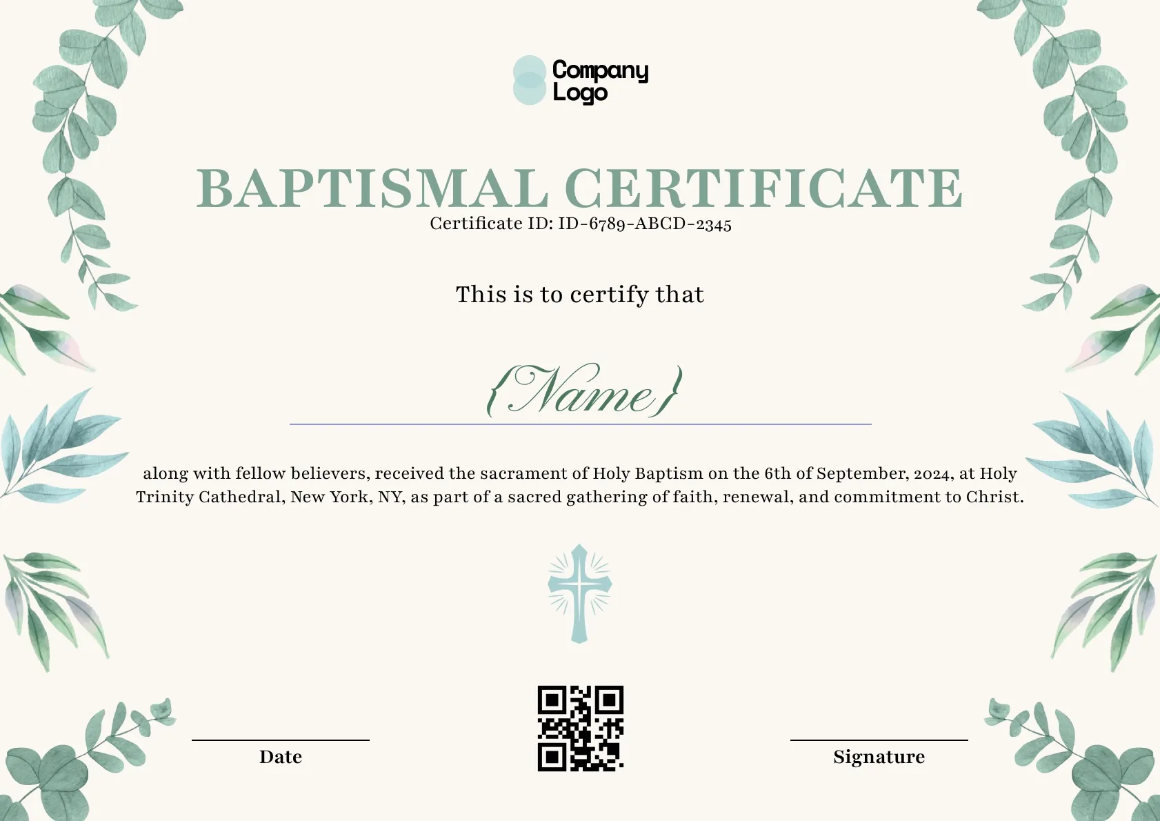 Sage-green baptismal certificate framed with watercolor eucalyptus leaves and a radiant blue cross.