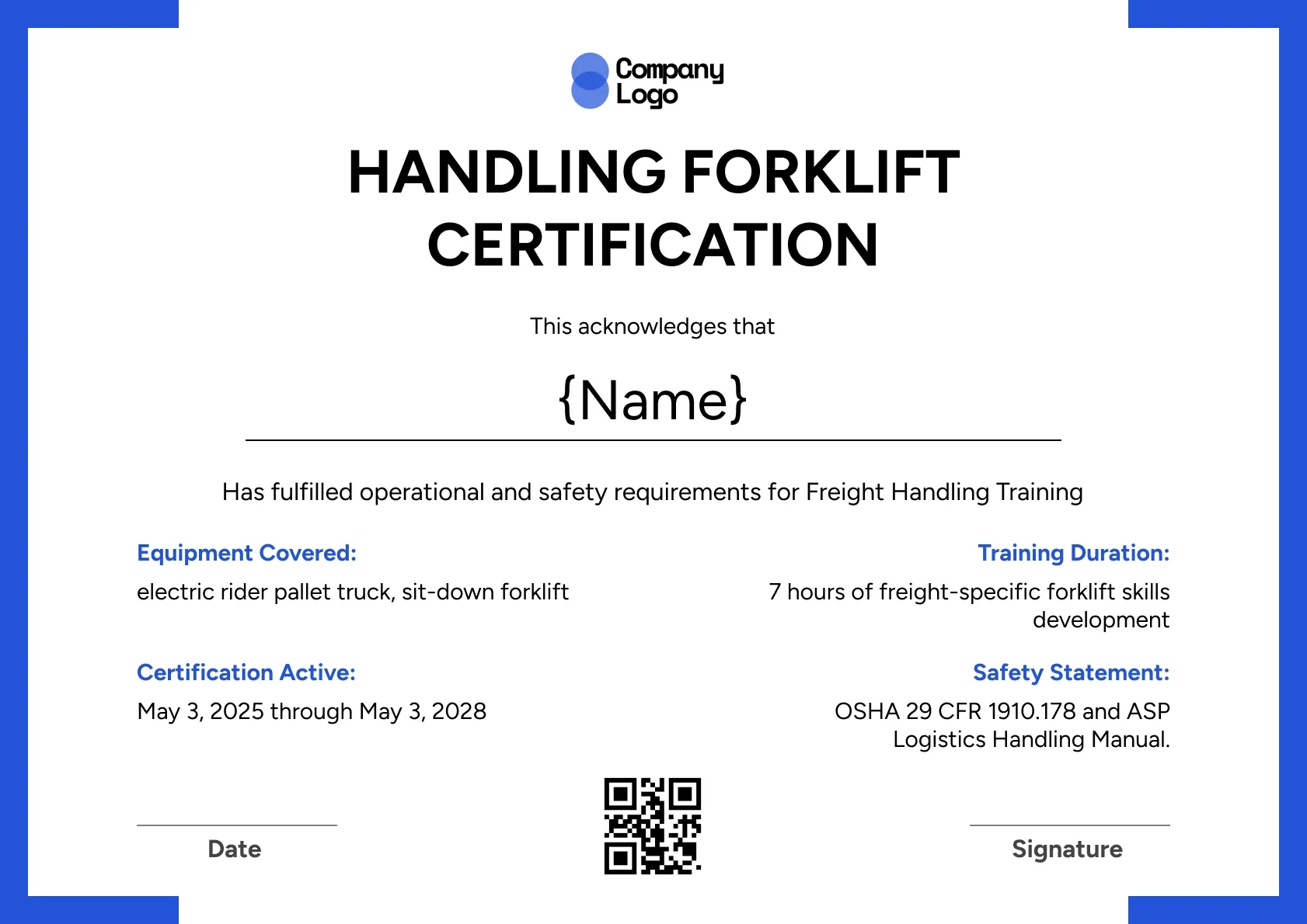 Classic forklift certificate template