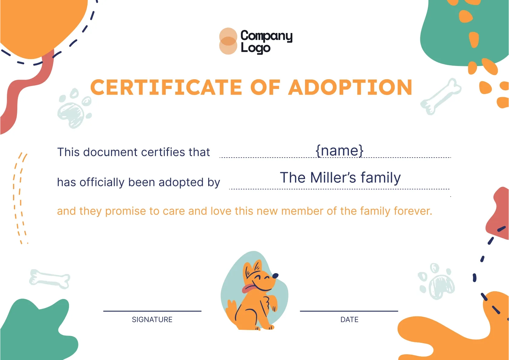 Colorful and modern certificate of adoption template