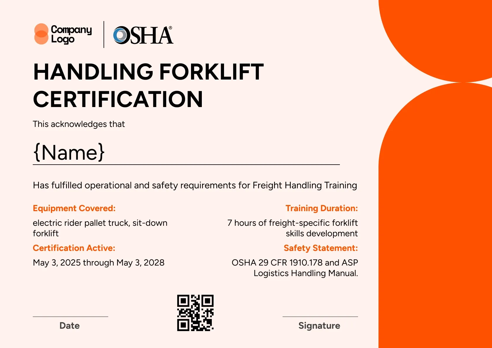 Colorful forklift certificate template