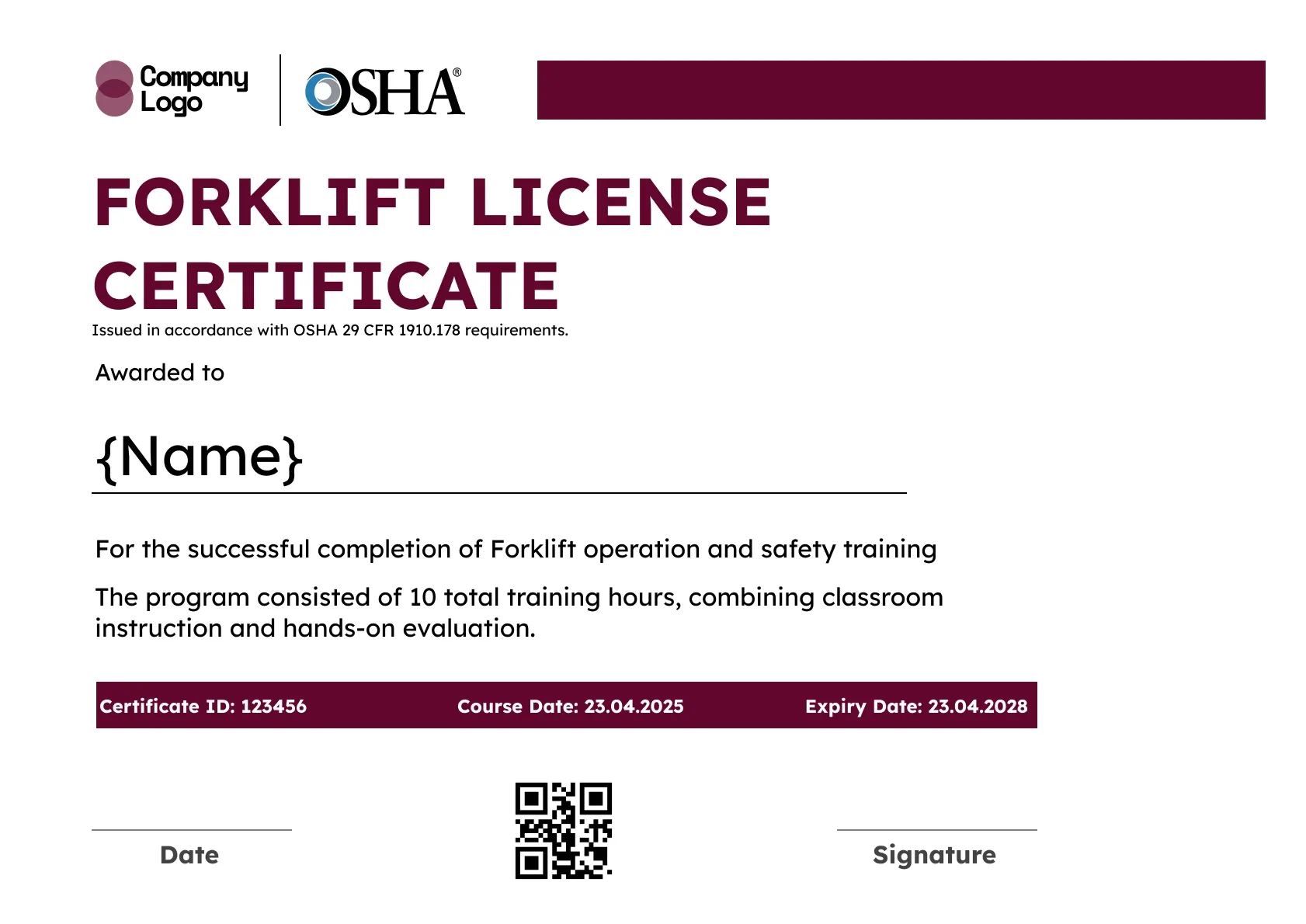 Corporate forklift certificate template