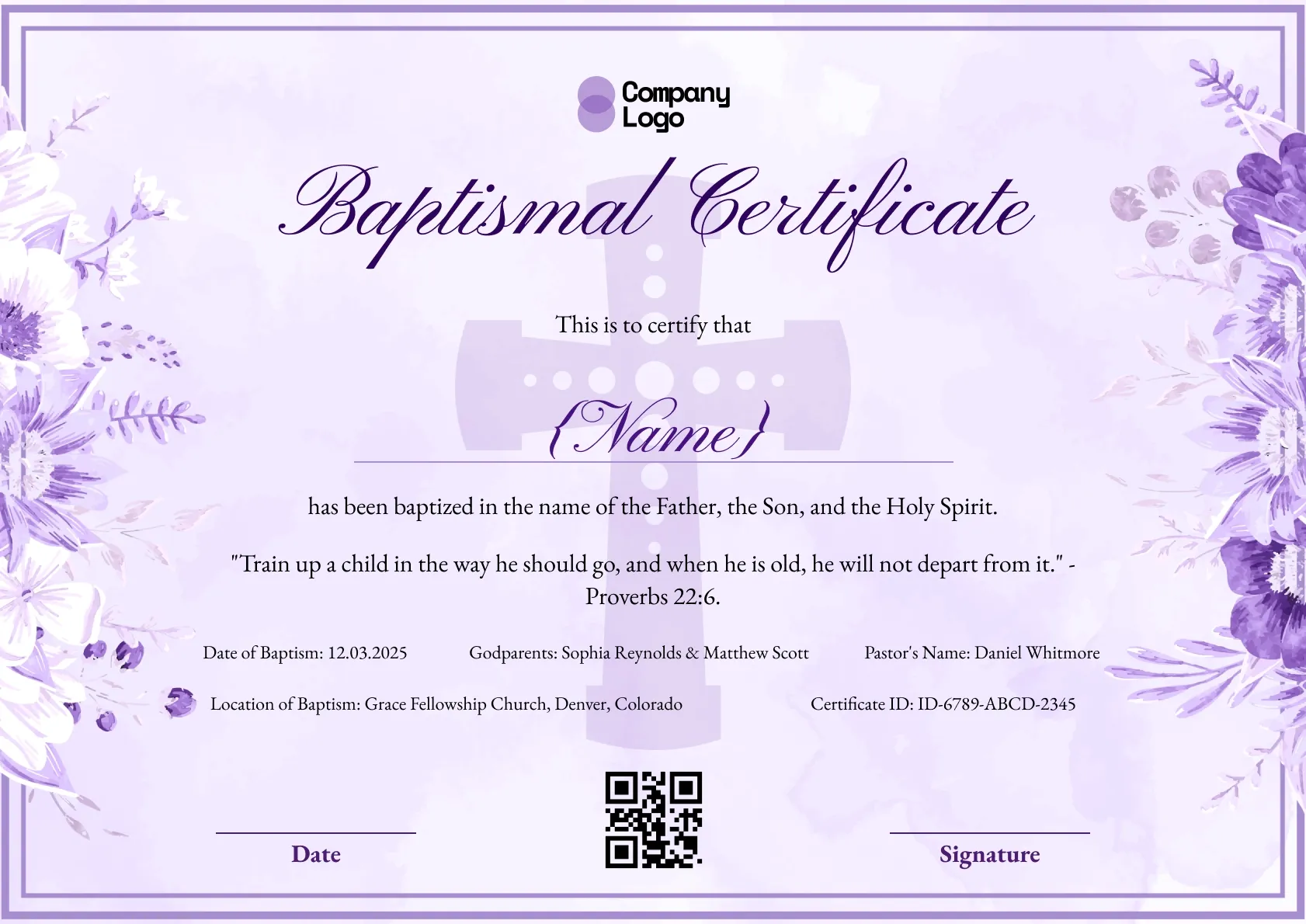 Purple baptismal certificate with watercolor lavender flowers down both sides and a soft cross behind the name.