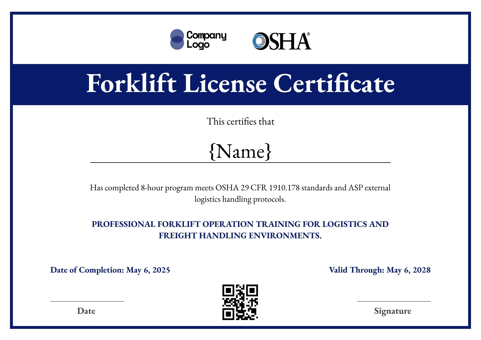 Formal forklift certificate template