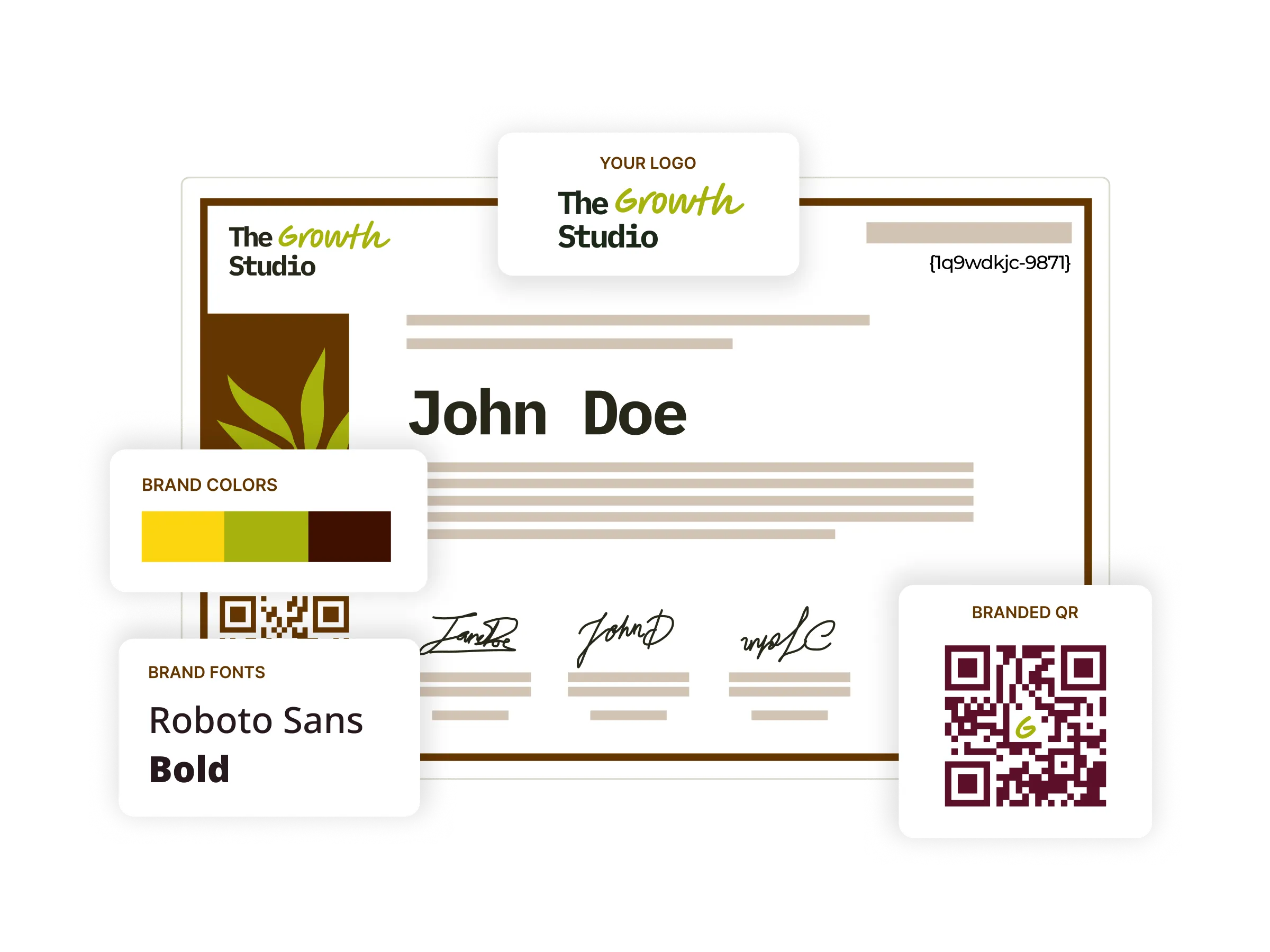 Certificate template with brand colors, fonts, signatures, and QR code