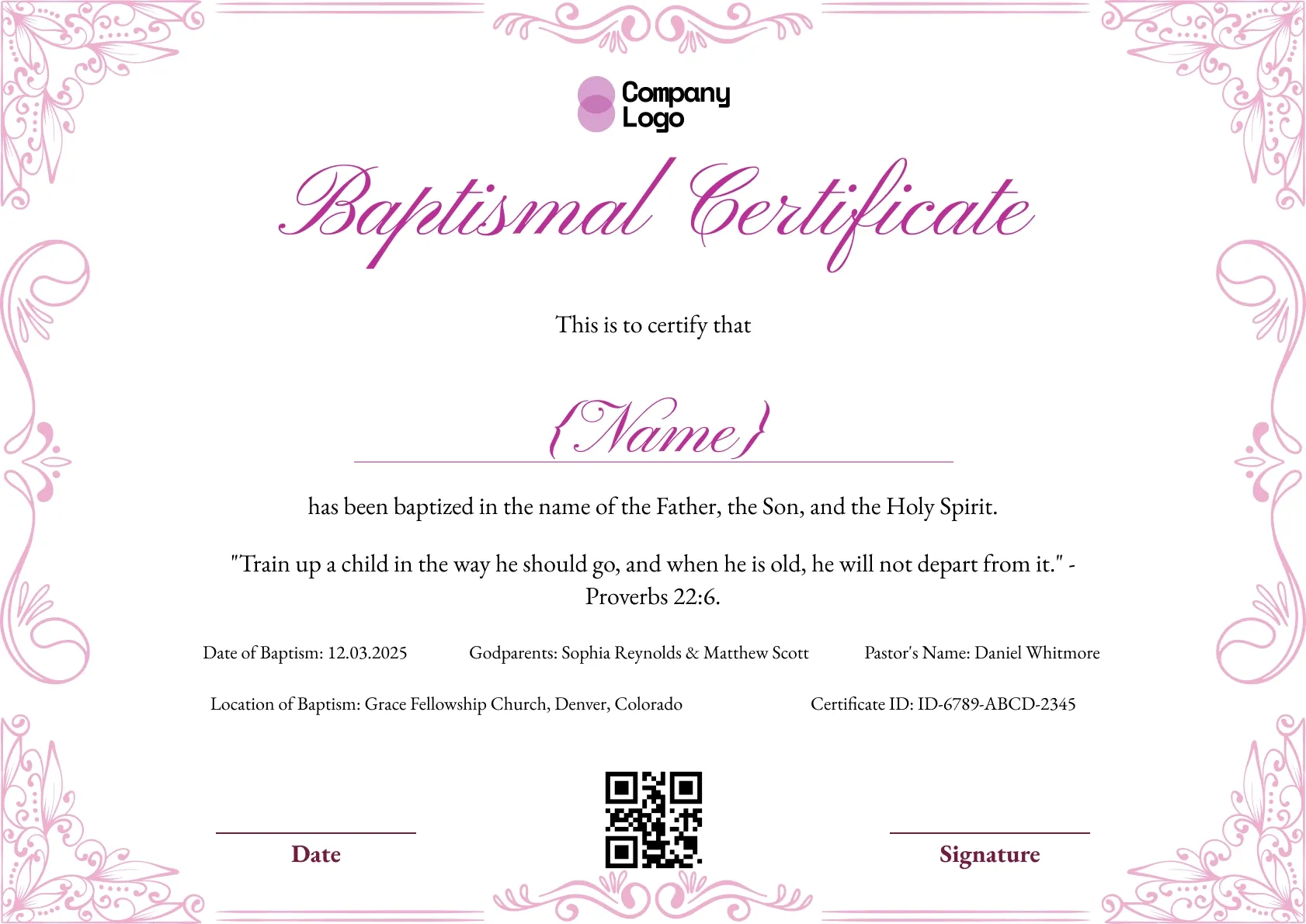 Pink baptismal certificate with soft floral filigree corners and a Proverbs 22:6 verse.