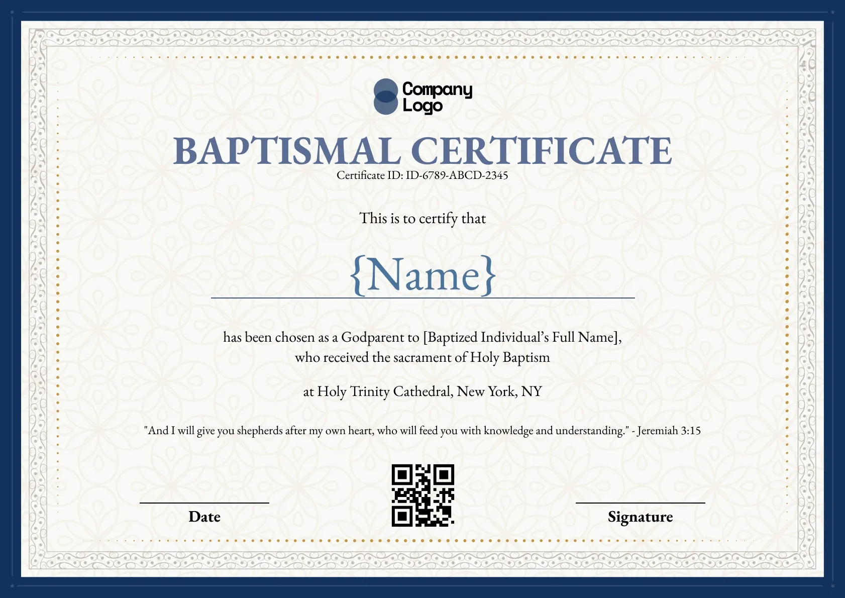 Steel-blue godparent certificate over a soft floral pattern inside a navy border.