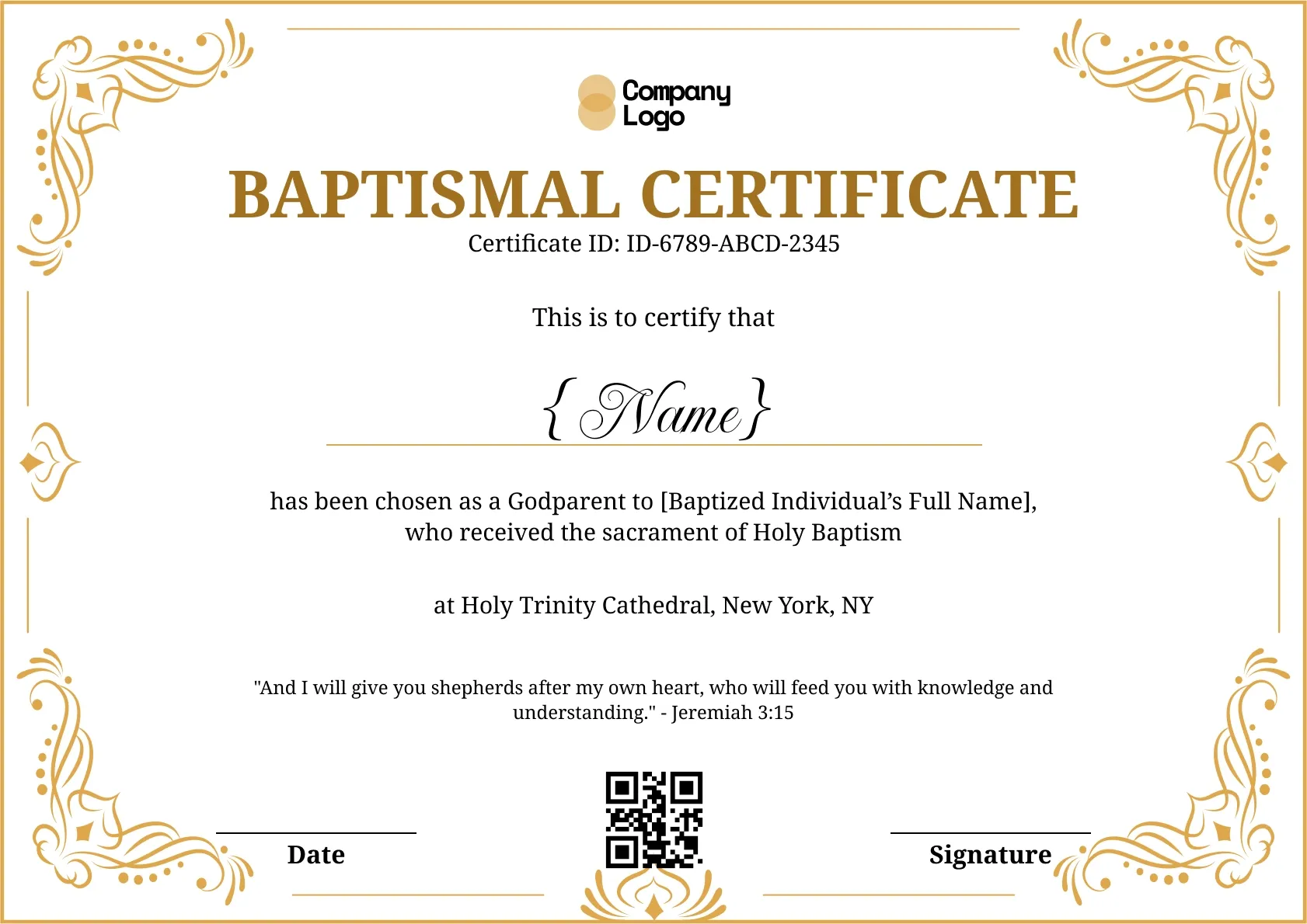 Gold godparent certificate with ornate corner flourishes and a Jeremiah 3:15 verse naming the sponsor.