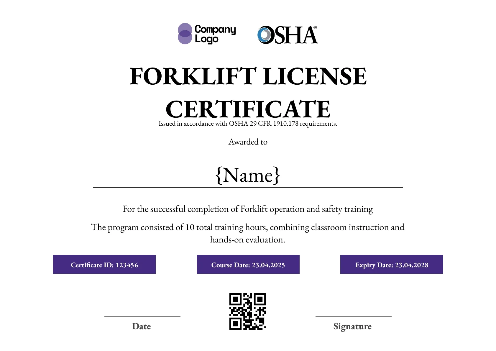 Simple forklift certificate template