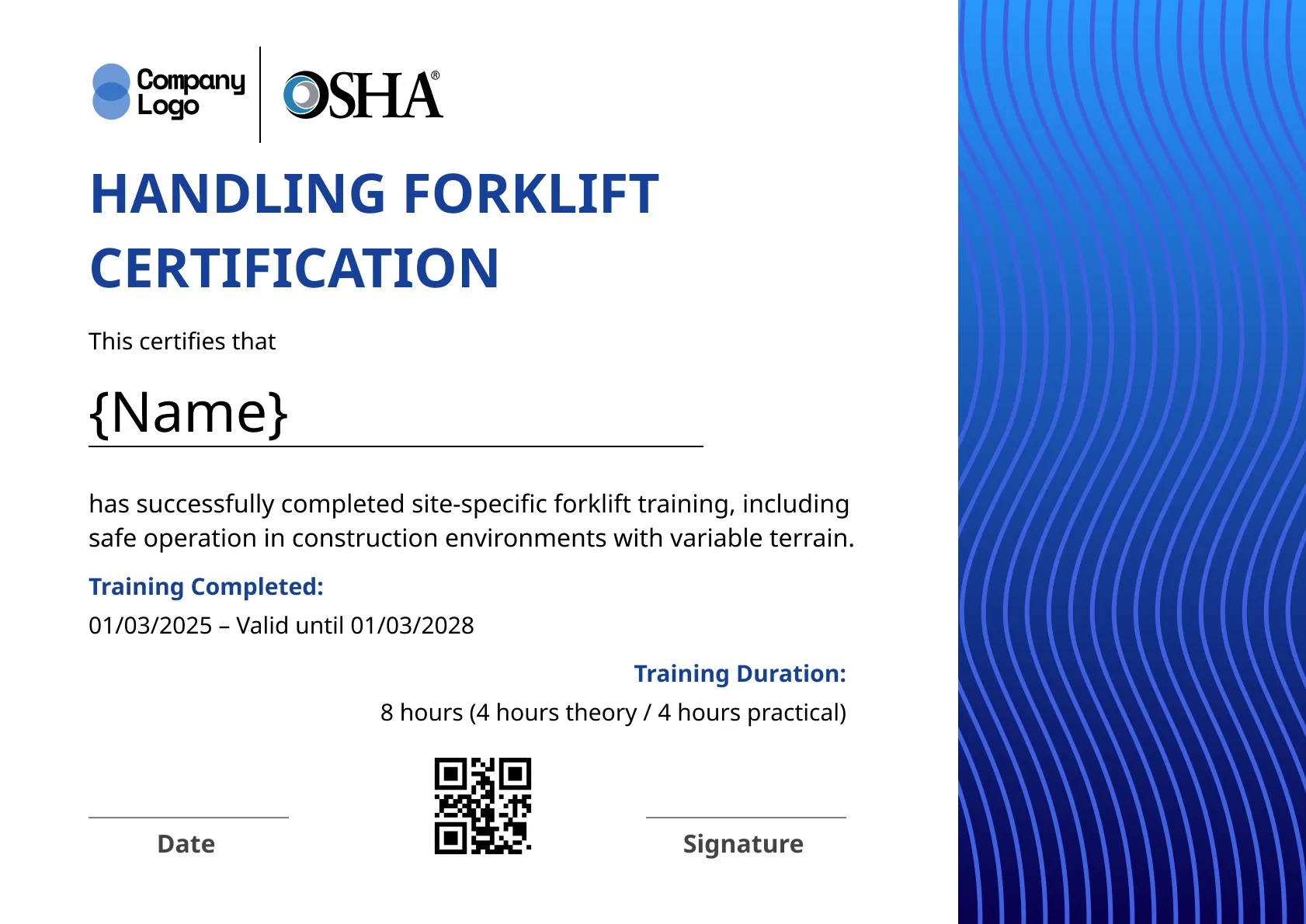 Smart forklift certificate template