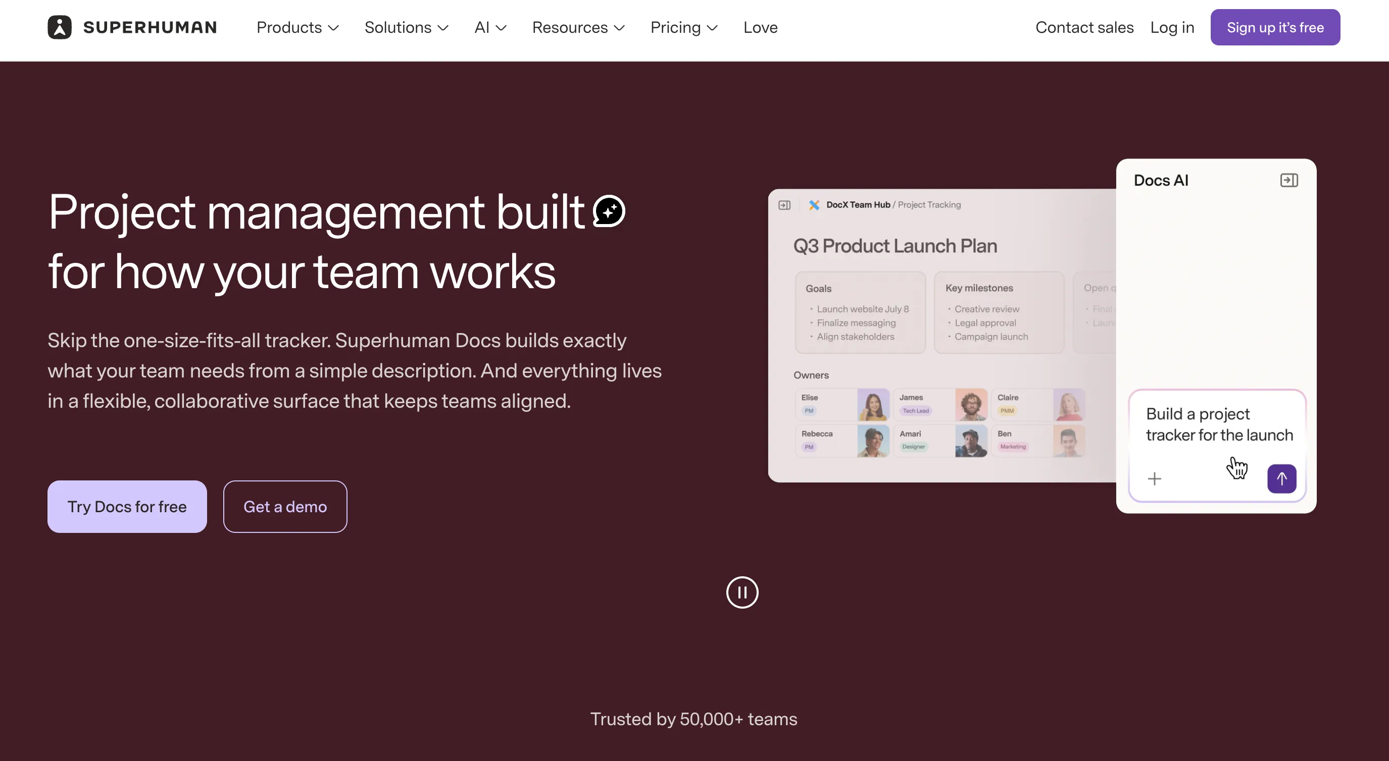 The Superhuman Docs homepage headline reading 'Project management built for how your team works,' beside a preview of a project tracking doc and the Docs AI chat panel