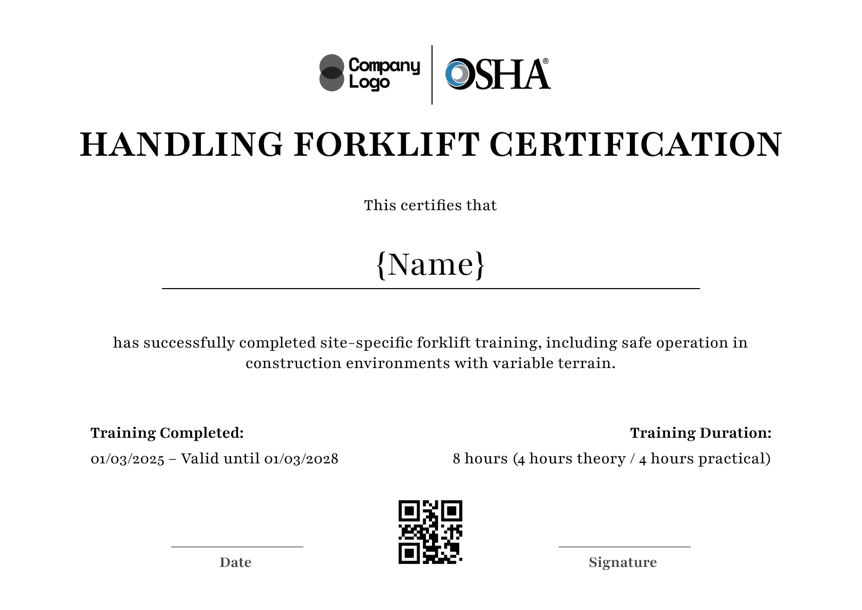 Timeless forklift certificate template