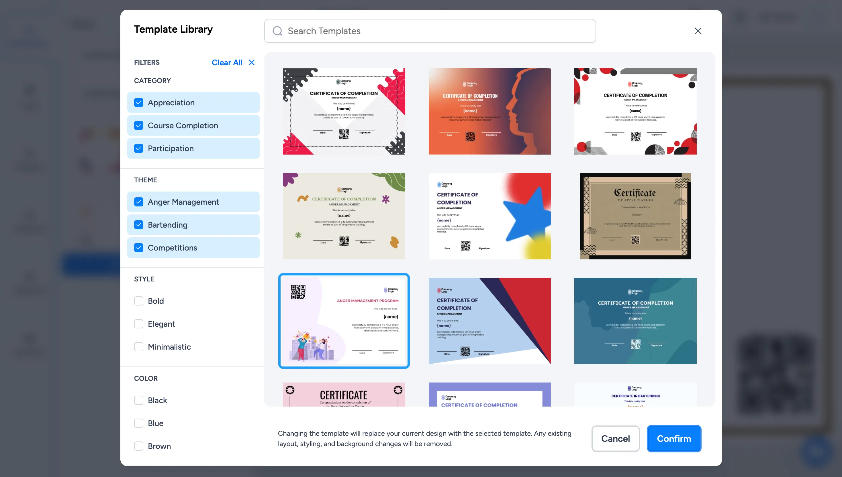 Wauld template library for designing a certificate, with category, theme, and style filters